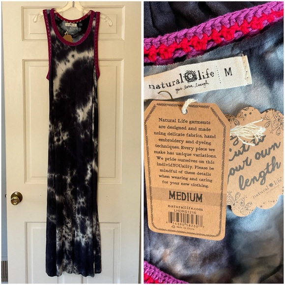 NATURAL LIFE Dresses & Skirts - Natural Life Maxi Dress Size M NWT Black Pink Crochet Trim Racerback Boho Hippie